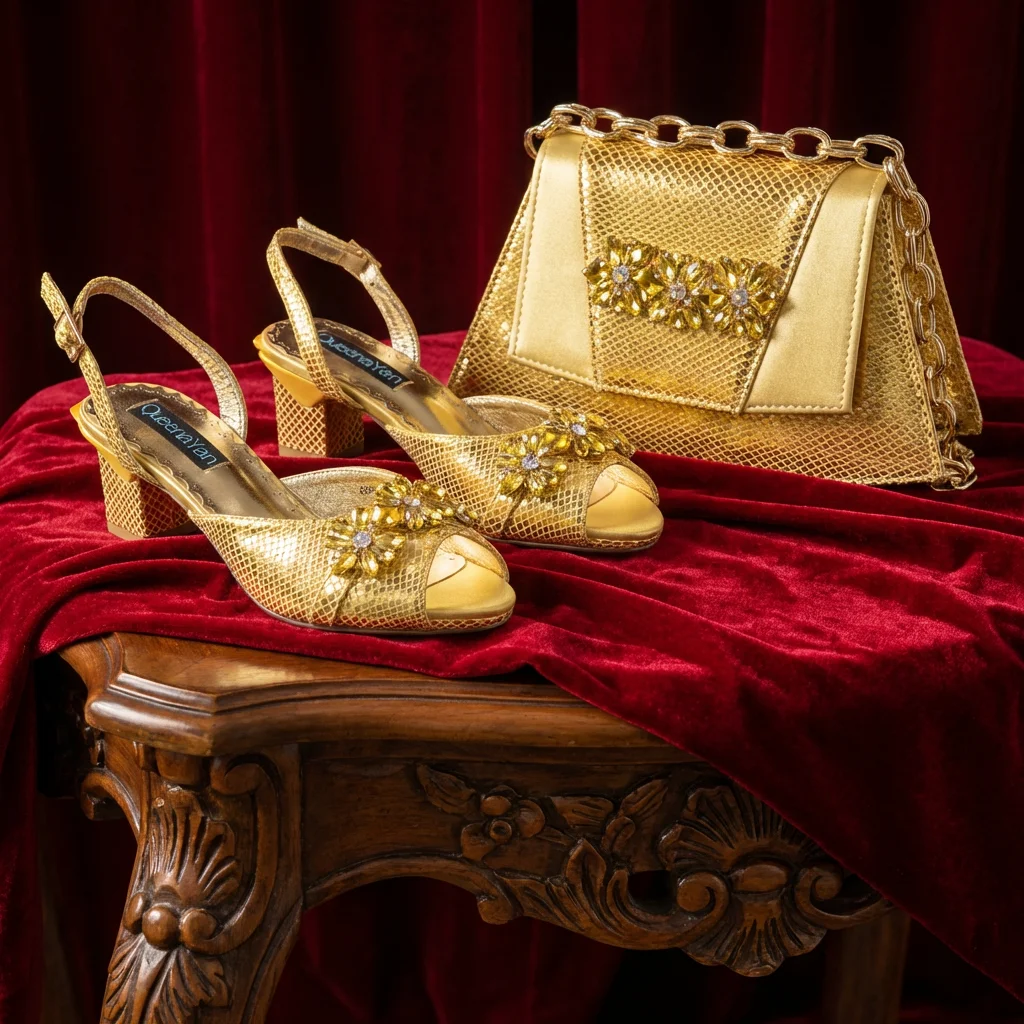

2026 Elegant Yellow Bigger Size Rhinestone Peep Toe High Heels for Women Heel Italian Design Sandals with Matching Handbag Set