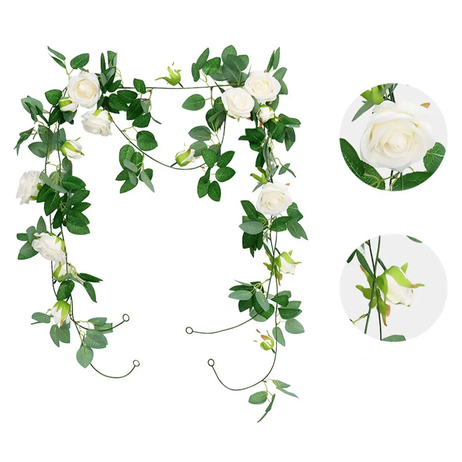 1pc 200cm/6.5ft  Artificial White Rose Vines Floral Garlands Total ，Fake Vine Silk Flower Garland for Indoor， Outdoor Home Weddi