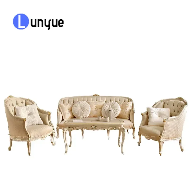 European Carved Solid Wood Sectional Sofa Set with TV Cabinet French Villa Style PU Leather Living Room Furniture for Large