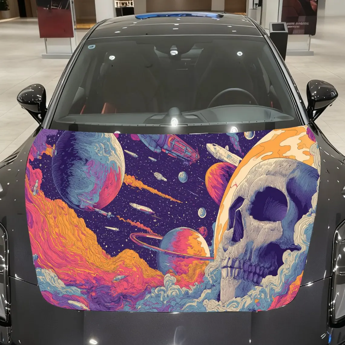 Sci - Fi Skull Car Hood Art, Retro Rocket and Planets Car Hood Decoration for Space Enthusiasts, Auto Cover Sticker, Waterproof