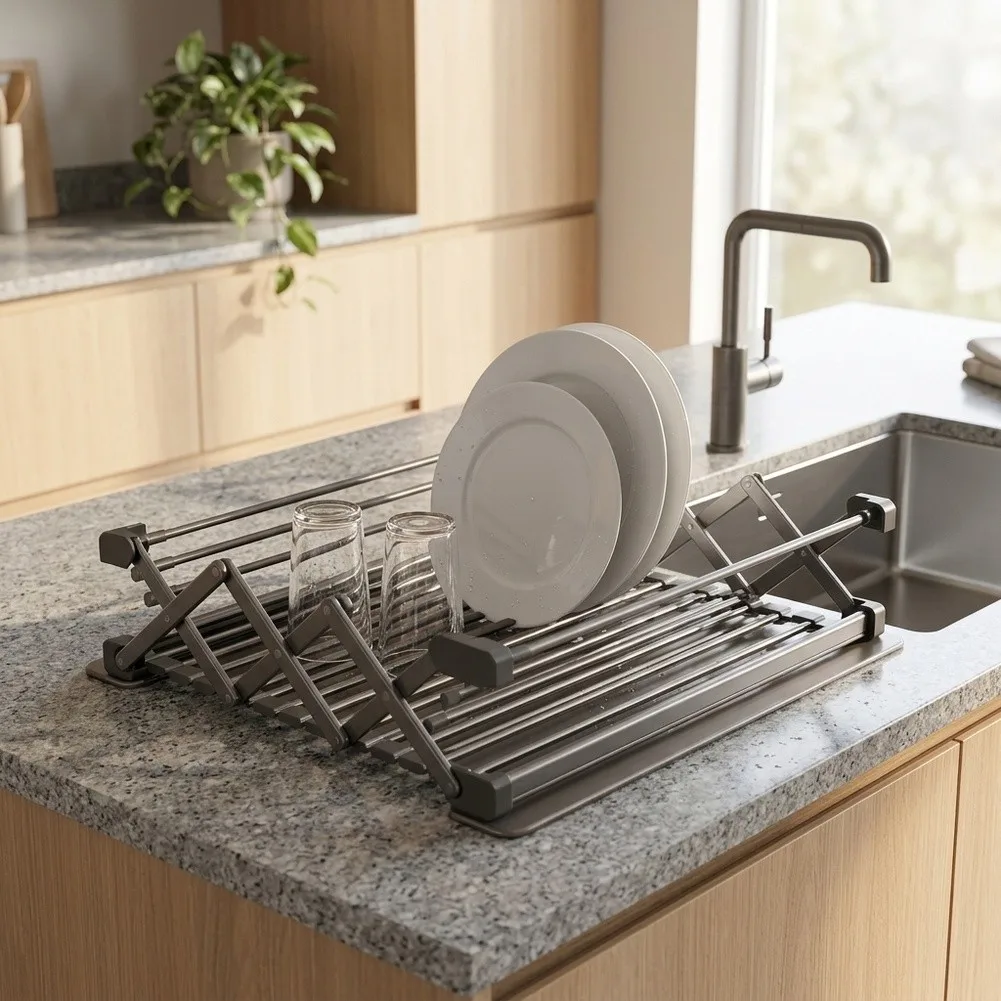 Aluminum Foldable Dish Rack with Built-in Drainage System Silicone Non-slip for Kitchen Counter 45 cm Long Gray White