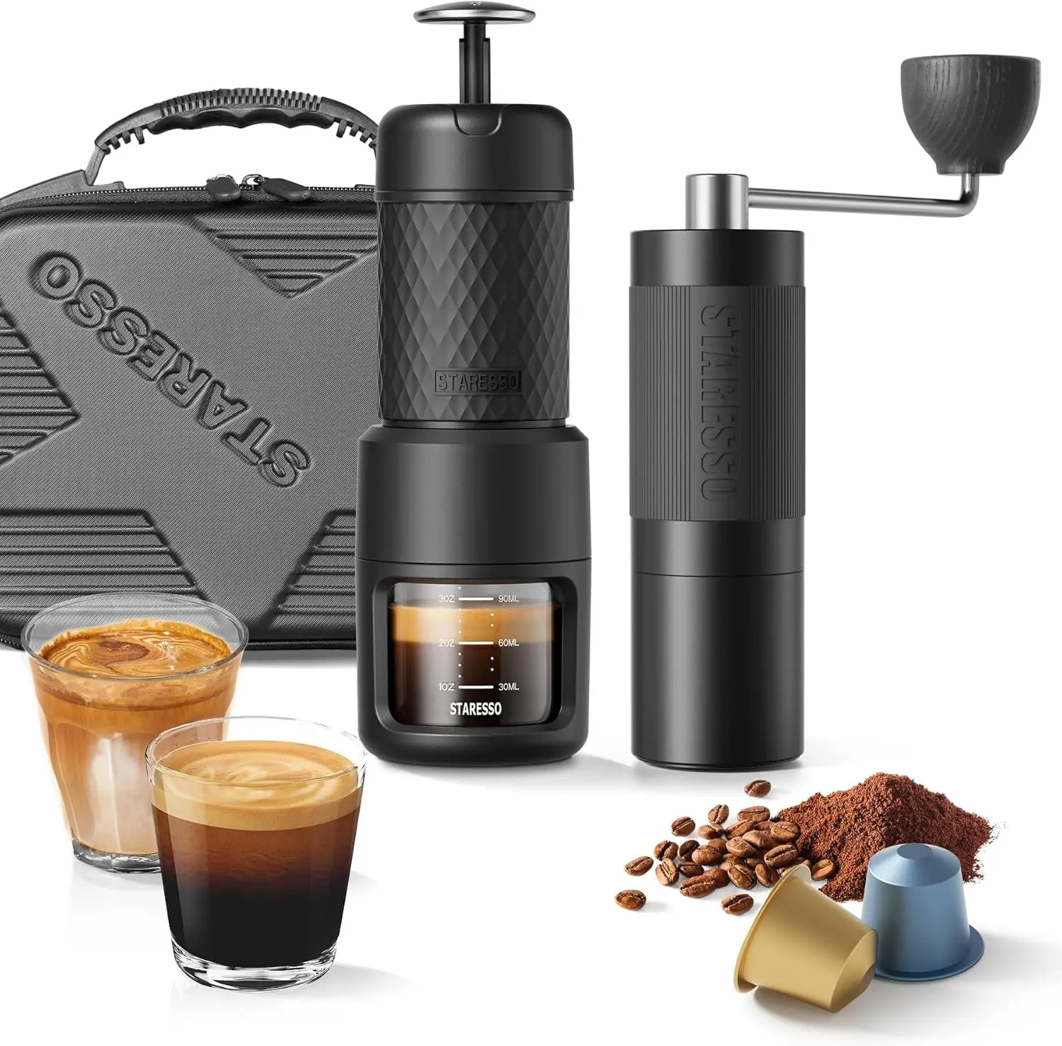 2026 Travel Kit, Portable Espresso Maker & Grinder Set, Dual Use for Ground Coffee & Pods, No Power Needed, Travel Case for Camp