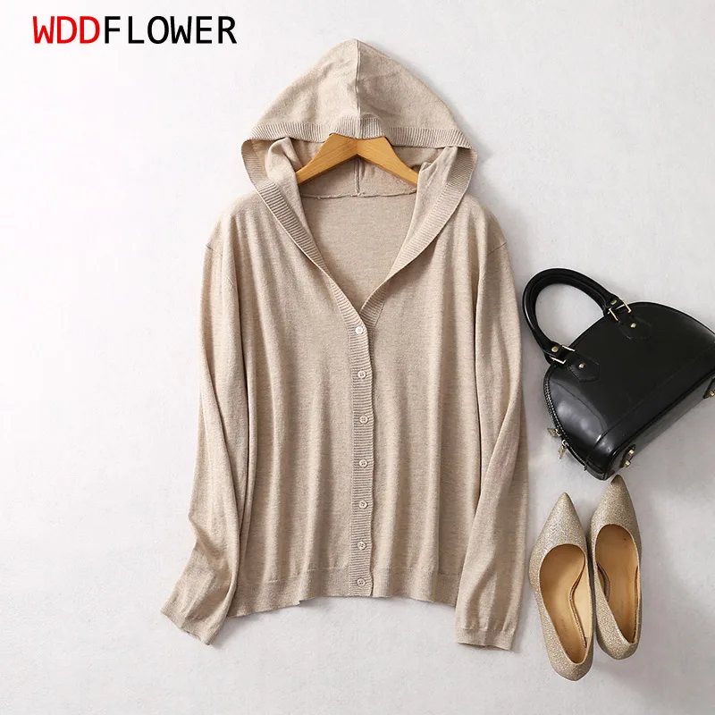 Women Natural Silk with Cashmere Hoodies Knitted Hooded Cardigan 2022 Fall Winter Basic Warm Sweater LY033