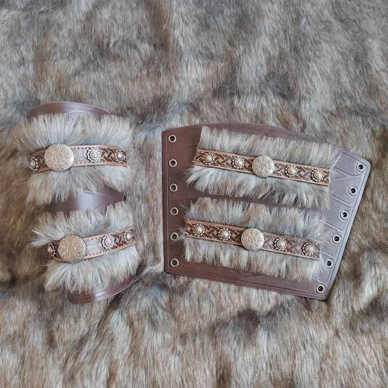Bracelet de chevalier Viking médiéval, 2 pièces, en velours, fausse fourrure, en cuir PU, gantelet de Pirate, protège-poignets, Costume de Cosplay gothique