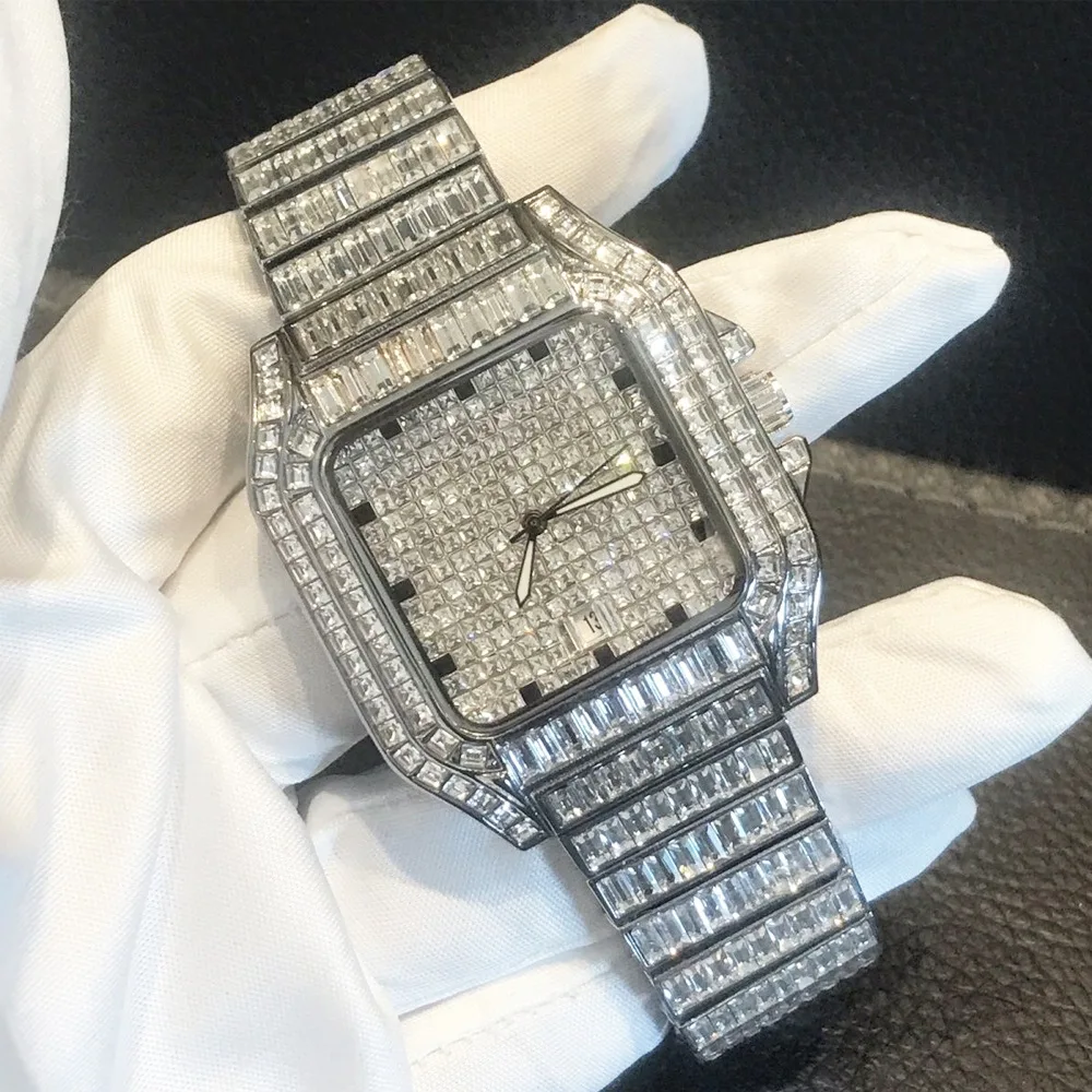 Top Brand Square Diamond Quartz Watches for Men Personalized Ice Out Steel Watch Luxury Fashion Auto Date AAA Clock Relogio