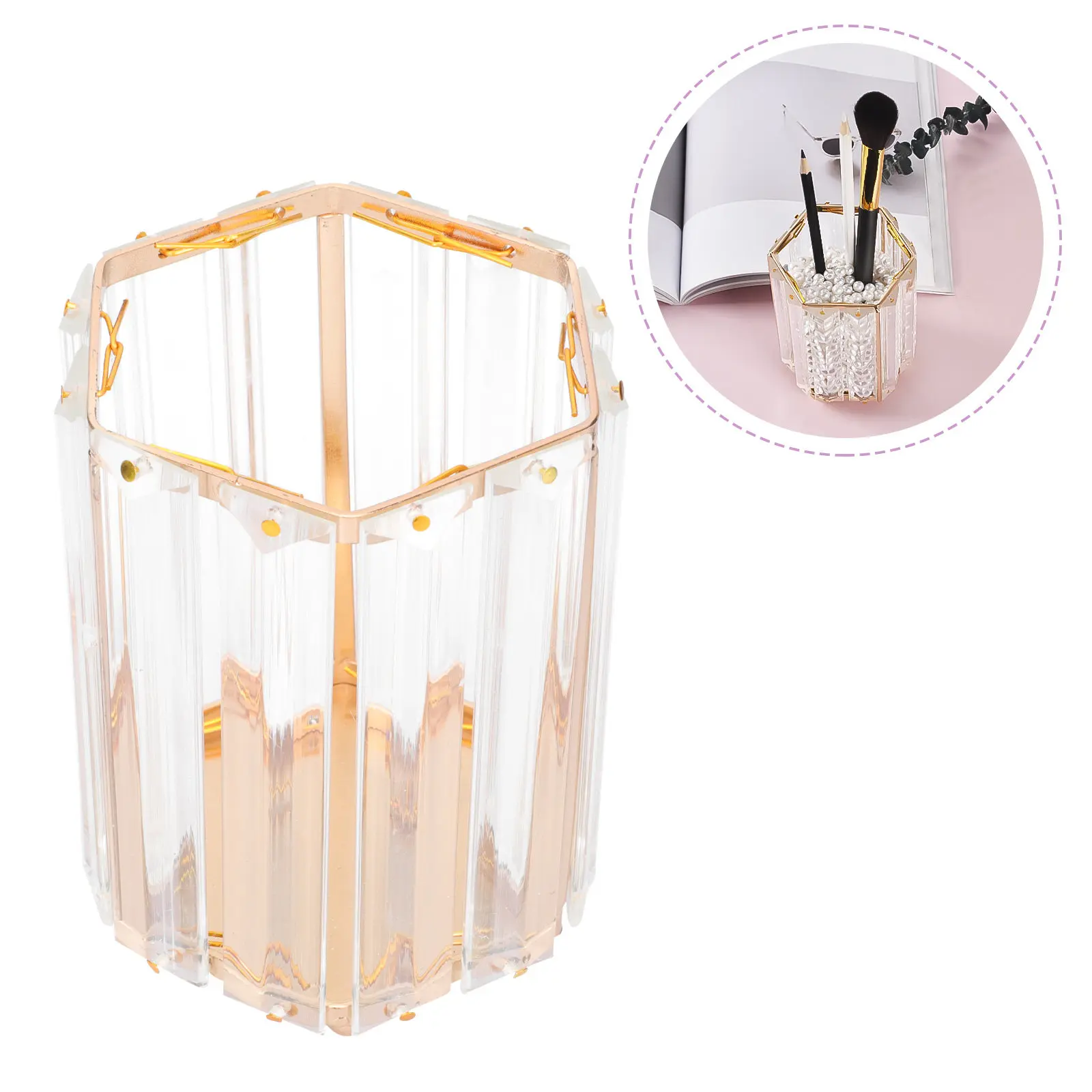 Premium Glass Makeup Brush Bucket Pen Holder Geometric Desktop Organizer for Cosmetics Eyebrow Brushes Stationery Photography