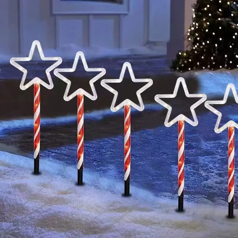 Festive Xmas Star Ground Insert Lights, Candy‑Stripe Pole LED Path Lighting, Outdoor Decor for Garden Lawn Holiday Party Display
