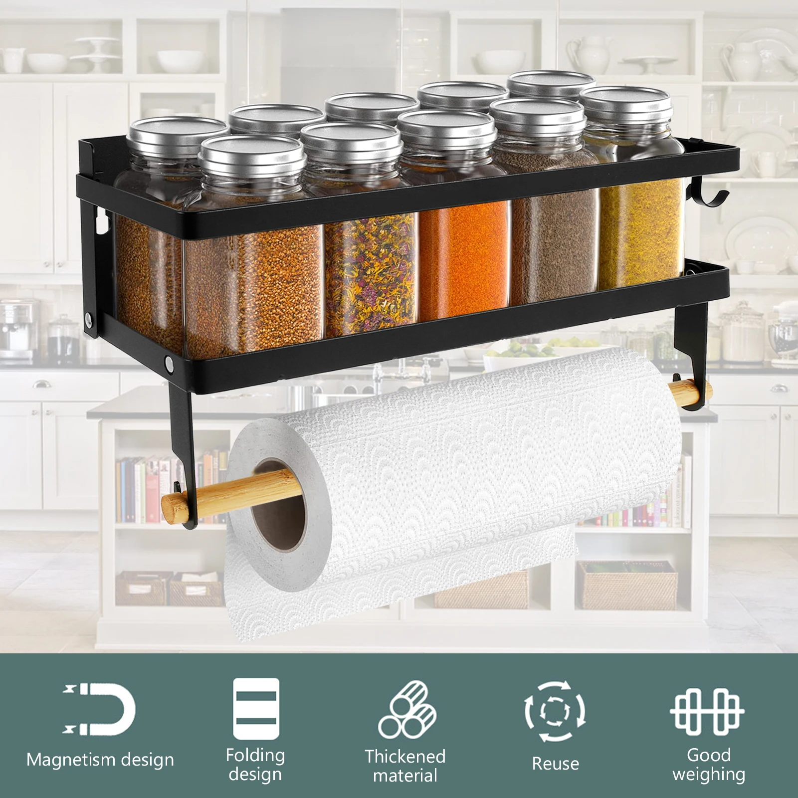 Magnetic Spice Storage Rack 2 Layers Fridge Shelf with Paper Towel Holder Roll & Hooks Space Saving Kitchen Seasoning Organizer