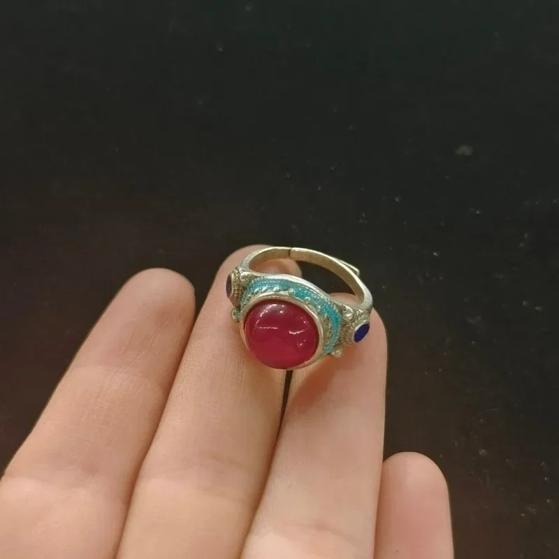 Vintage Miao Silver Ring,Hand Inlaid Ruby Cabochon,Open Adjustable Antique Collectible Ring Unisex Retro Jewelry Gift