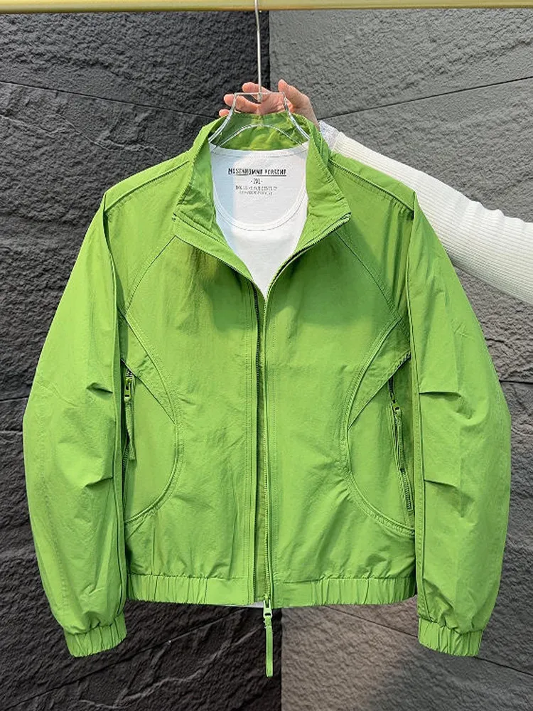 

Spring 2026 Loose Fit Fashionable Men's Jacket Green Workwear Design Stand Collar Splicing Outerwear Casual Urban Style