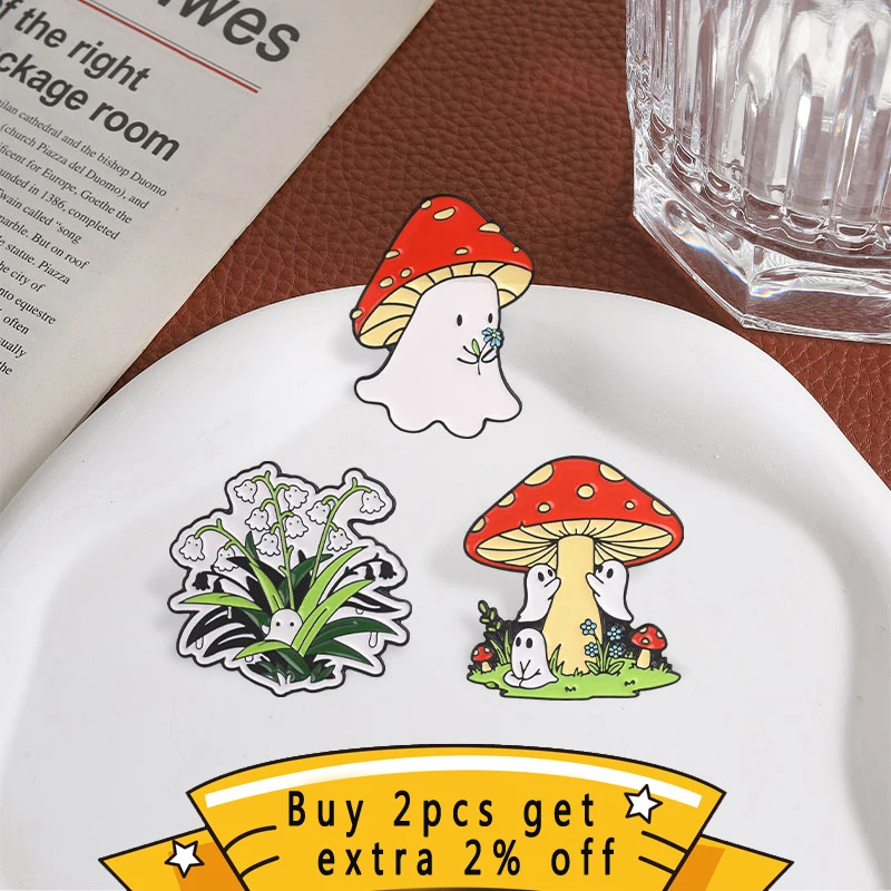 Cute Ghost Mushroom Badge, Forest Cartoon Ghost and Lily of The Valley Enamel Pin, Fashion Accessory, Lovely Gift for Friends