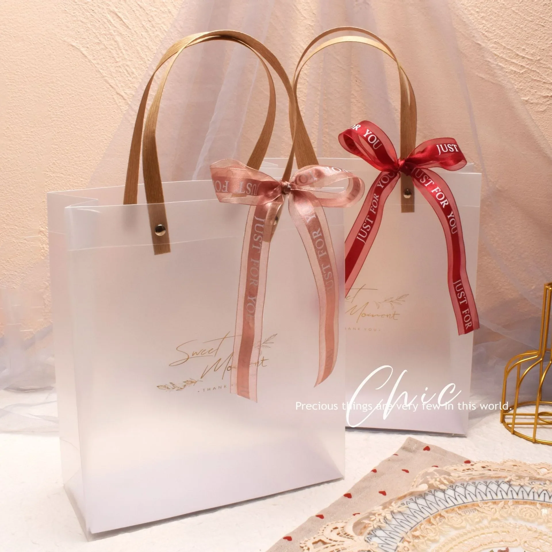 PVC Tote Shopping Bag Transparent Frosted Plastic Bag Girls Birthday Gift Packaging Bag Holiday Gift Bag