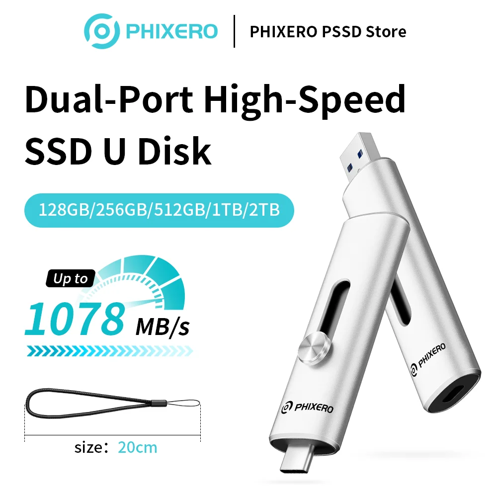 

PHIXERO P201 1073 МБ/с Твердотельный накопитель USB3.2 Gen2 128 ГБ 256 ГБ 512 ГБ 1 ТБ 2 ТБ 2 в 1 Type-C + USB-A Высокоскоростной флэш-накопитель