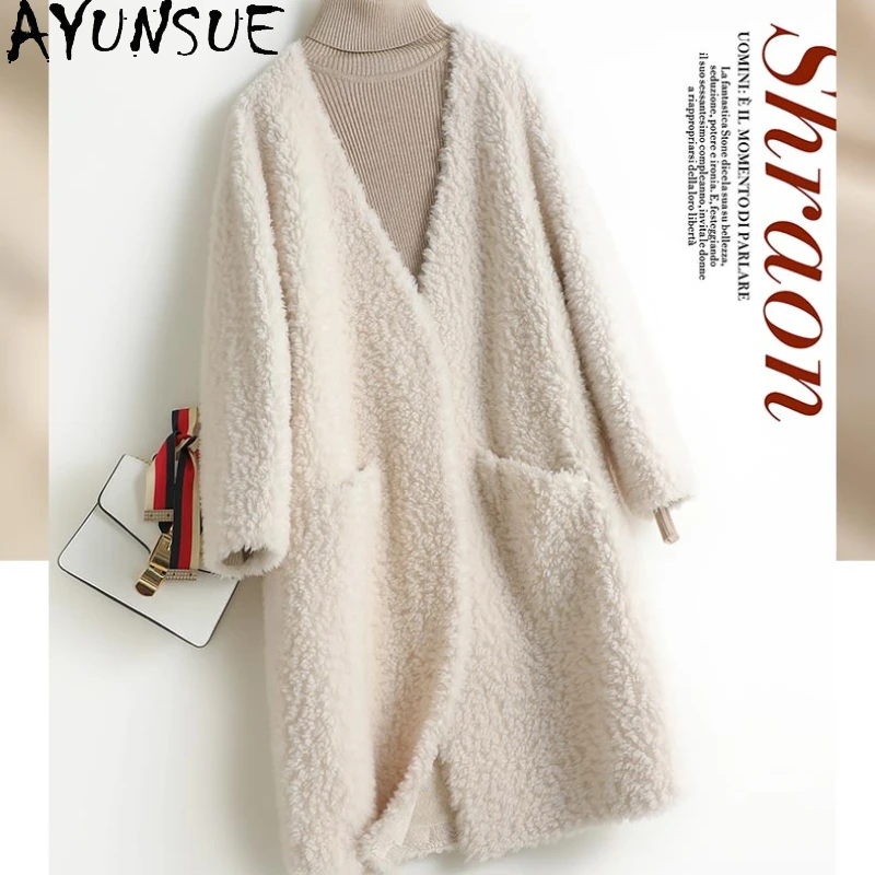 

Winter Coat Women Solid Colour Deep V-Neck Real Wool Fur Coat Women Clothes Korean Casual Coat Mid-length Fur Jacket Casaco Zm