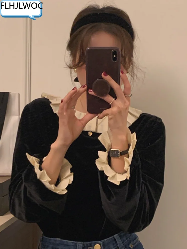 Two Way Wear 2022 Cute Sweet Girls Tops Blusas Hot Sales Chic Korea Japan Style O Neck Solid Black Ruffles Velvet Blouse 1071