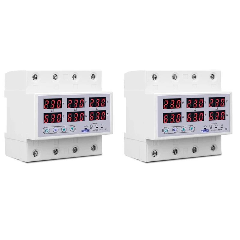 2X Din Rail 3 Phase Voltage Relay 380V Voltmeter Ammeter Over And Under Voltage Monitor Relays Protector Current 63A