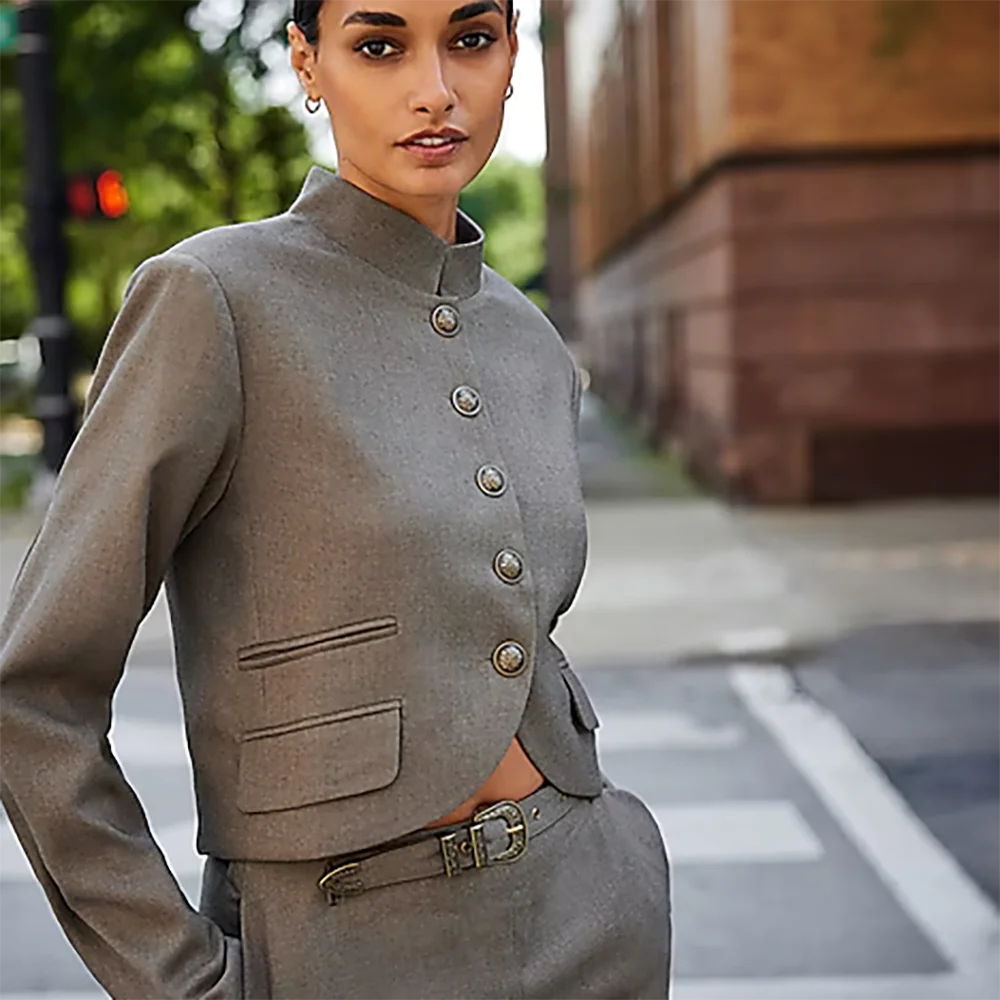 Modern Women 2 Piece Suit Cropped Stand Collar Blazer Wide Leg Pants Set Gray Business Casual Formal Party Matching Outfit