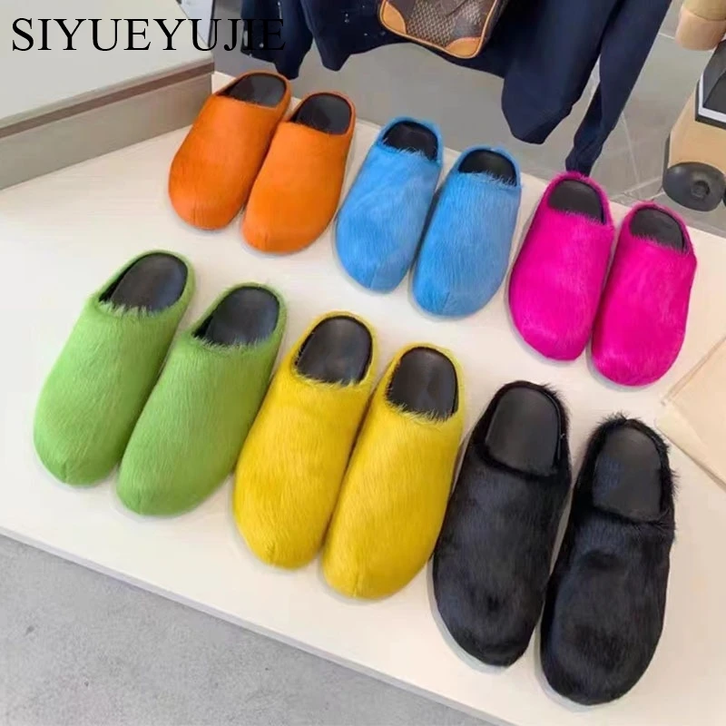 Vrouwen Paardenhaar Schoenen Bont Muiltjes Platte Slippers 2024 Lente Herfst Mode Glijbanen Dikke Zool Casual Comfortabele Heren Platte Slippers