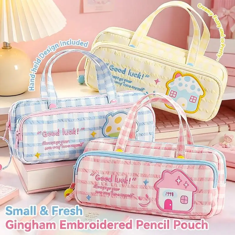 Cute Gingham Embroidered Pencil Pouch Portable Handle Large Capacity Durable Stationery Bag for Students School Use