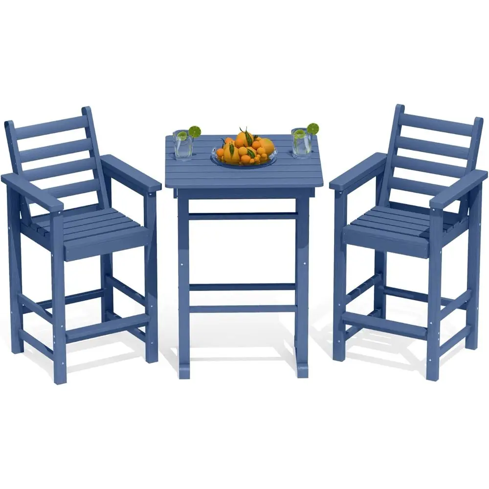 

Navy Blue Outdoor Adirondack 3-Piece Set with Bar Height Chairs and Table