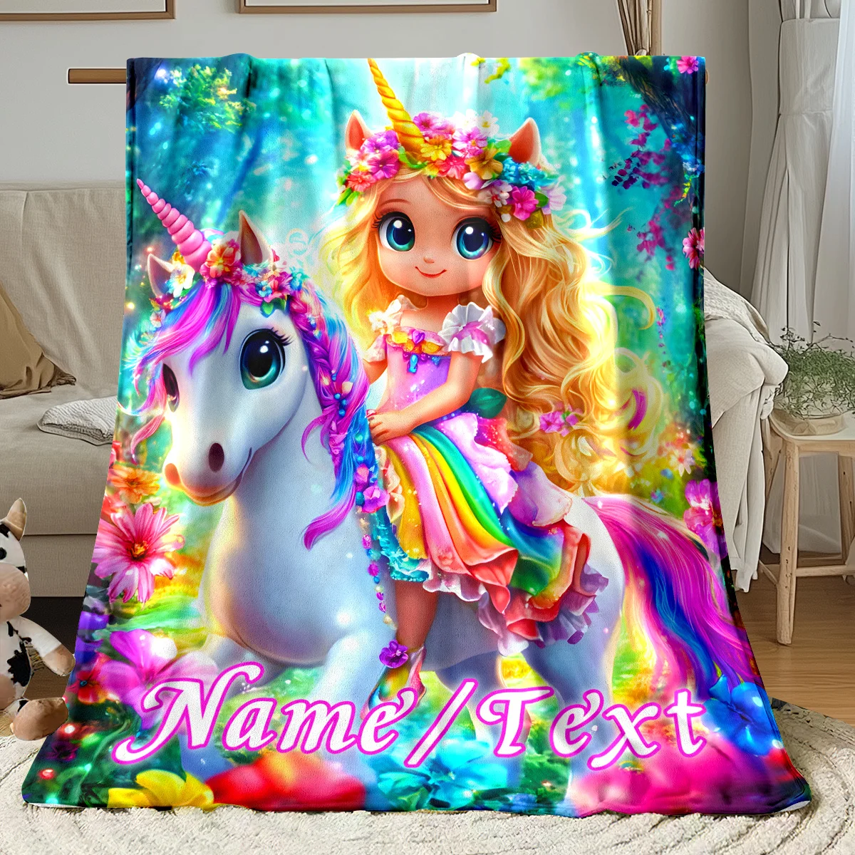 1 customized blanket depicting a cute girl riding a white horse, designed for portability. This lightweight flannel blanket