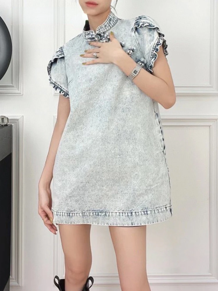

Patchwork Frill Trim Dresses Female 2022 Summer Clothes New Vintage Denim Mini Dress For Women Stand Collar Short Sleeve