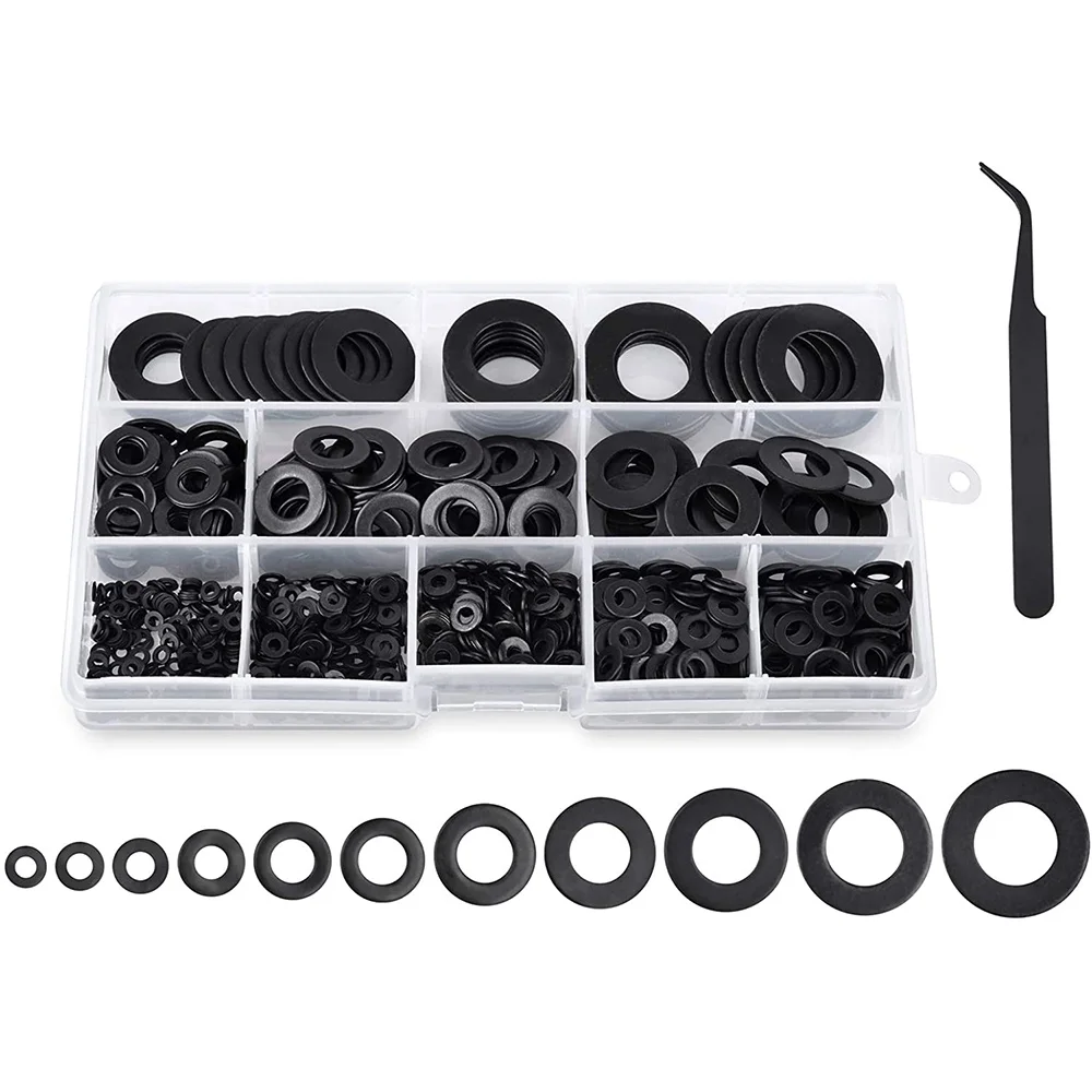 

Flat Washers - 1080Pcs Washers 11 Sizes Alloy Steel Flat and Safety Washers, Black Washers Assortment Set