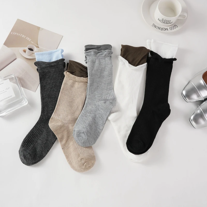 New Women's Socks Breathable Fake Two Pieces Fashoin Cotton Socks Striped Simple Solid Color Comfortable Autumn Middle Tube Sock