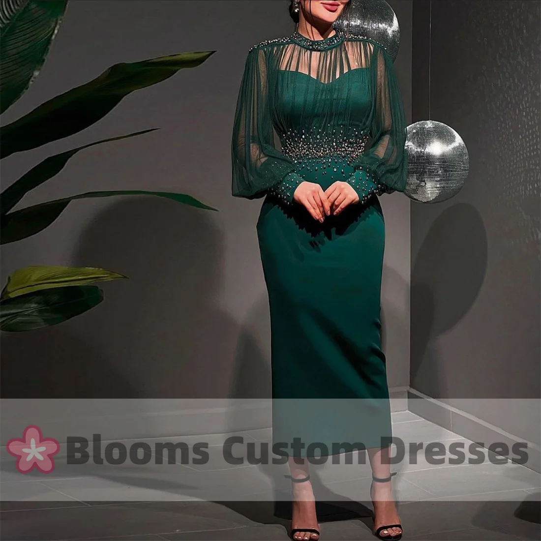 

Blooms Beadings Dark Green Crepe Evening Dresses Tulle Puff Long Sleeves Elegant Formal Occasion Party Dress For Prom