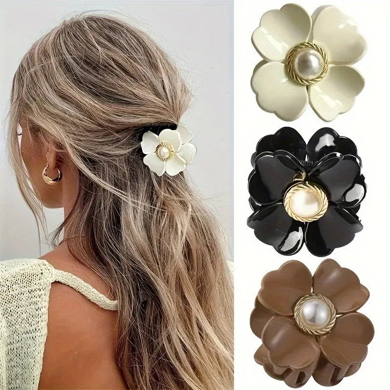 Elegant Flower Shaped Hair Claw Clips With Faux Pearl Decor, Nonslip Hair Clips For Women, Strong Hold Hair Accessory