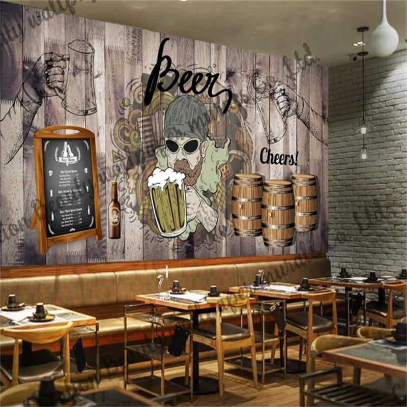 Hand Painted Wooden Board Beer Wallpaper Industrial Decoration Mural Restaurant Bar Club KTV Background Wall Papel De Parede