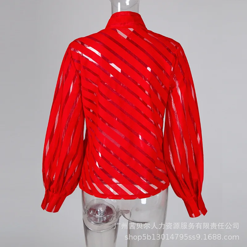 Camicie da donna europee americane rosse nere tinta unita casual alla moda manica lunga lanterna eleganti camicie con fiocco abiti femminili 2025 top