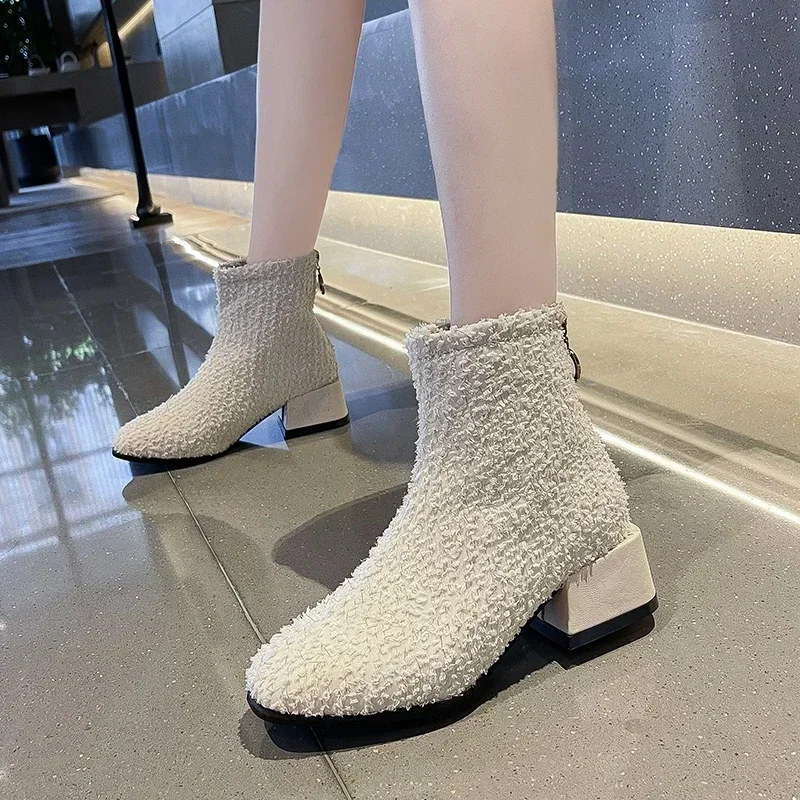 

Shoes Ladies 2023 Winter High Quality Women's Boots Warm Solid Back Zip Ankle Boots Women Square Heel Shoes Female Zapatos Mujer