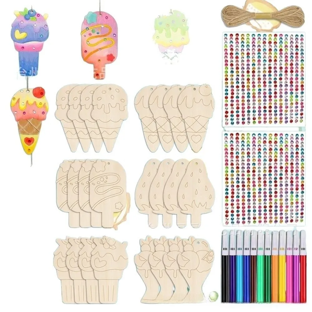 Hand Drawn Wooden Ice Cream Graffiti Kit Handmade Party Photo Props DIY Graffiti Set Hanging Decor Ice Cream Pendant Decorations