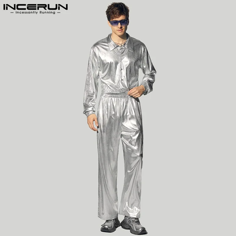 INCERUN Men Party Loose Pants 2024 Casual Loose Long Sleeve Jumpsuits Lapel Simple Solid Flash Rompers Anerican Style Bottoms