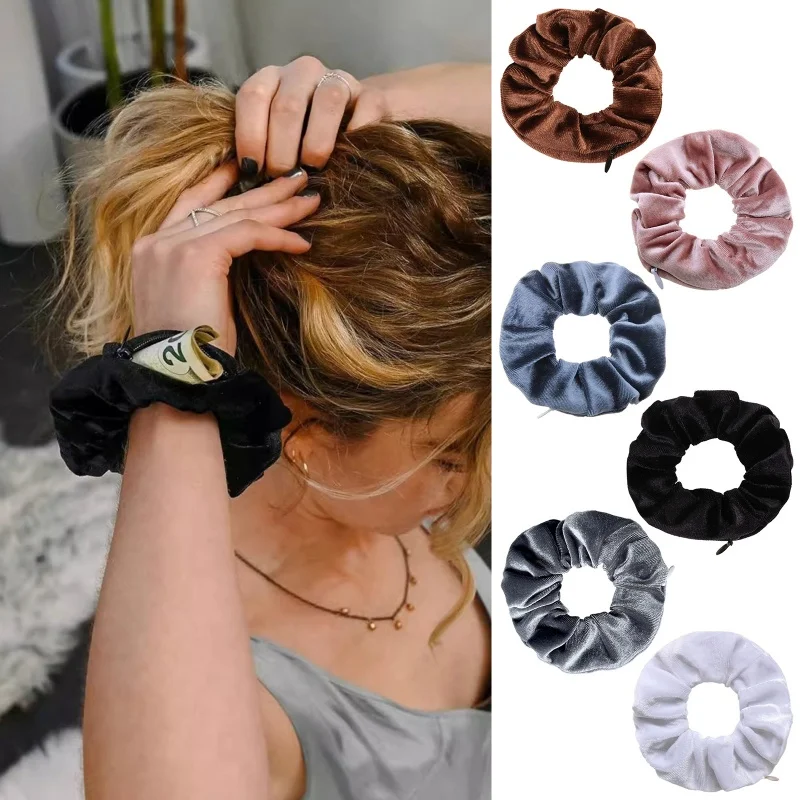벨벳 스크런치 포켓 지퍼 헤어 타이 여성용 히든 헤어 스크런치 포니테일 홀더 탄성 밴드 친구를위한 선물