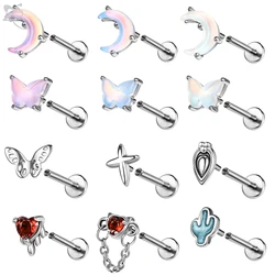 ZS 1PC 16G Stainless Steel Lip Ring Internal Thread Labret Piercing Moonstone Ear Stud Moon Butterfly Cartilage Earring Jewelry