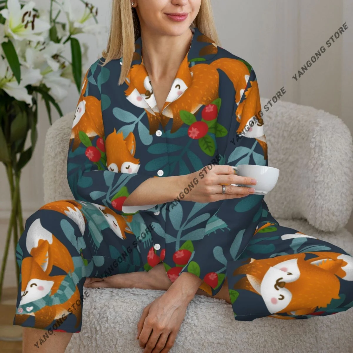 

Зимние лесные животные лисы, женские пижамы, одежда для дома, одежда для сна из двух предметов, длинный пижамный комплект на пуговицах с длинными рукавами