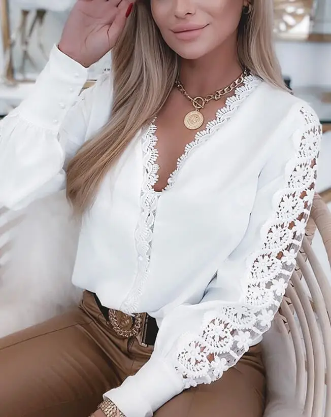 

Women's Urban Blouses 2024 Spring Summer Latest Chic Guipure Lace Patch Button Top V-Neck Long Sleeves Daily Commuter Shirt