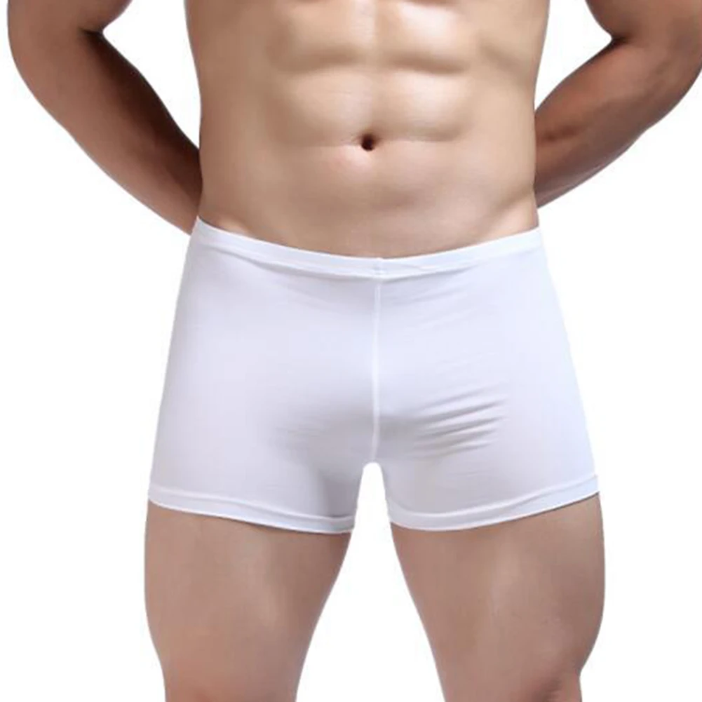 Ice Silk Men Boxers Trunks Stretch Underwear Low Rise Shorts U Convex Pouch Panties Mens See Through Underpants Sleep Bottoms