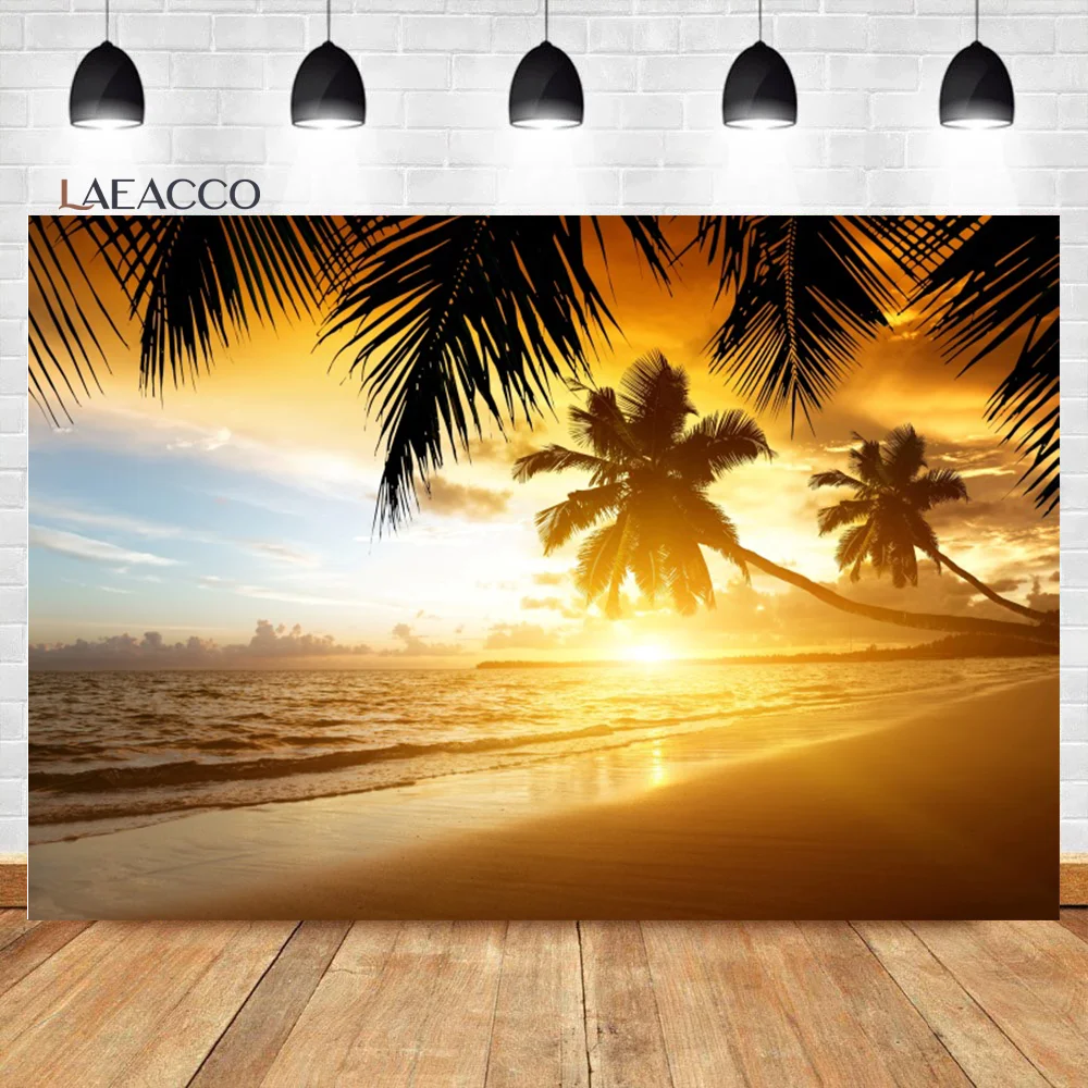 Laeacco Summer Seaside Background Sunny Beach Blue Sky Cruise Tropical Palms Tree Vacation Tourism Portrait Photography Backdrop