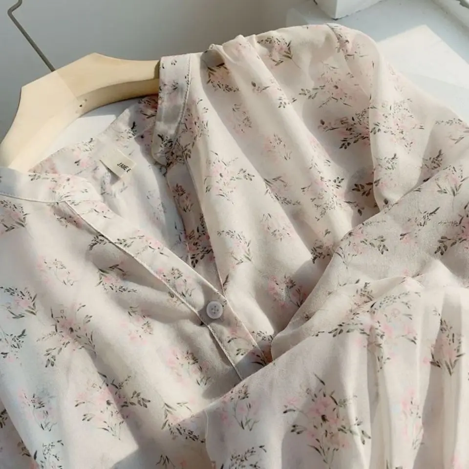 단순 꽃 얇은 우아한 블라우스 여름 새로운 긴 소매 인쇄 느슨한 기질 셔츠 탑 캐주얼 한국 여성 의류