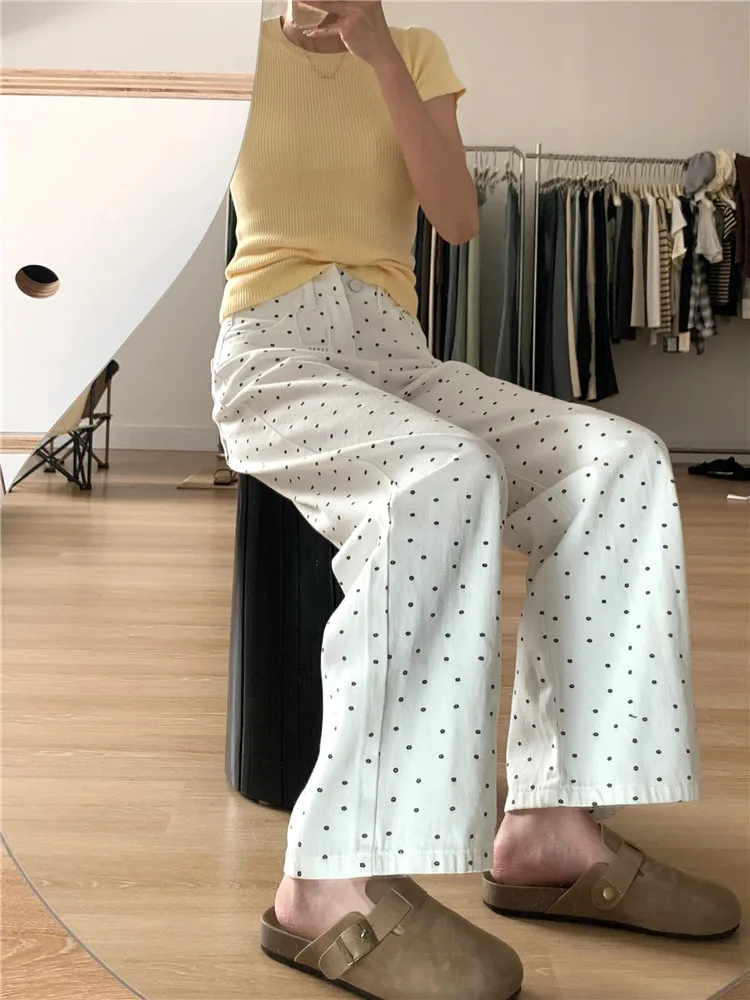 

Джинсы женские в американском ретро-стиле с принтом в горошек, свободные, прямые, широкие, в пол, больших размеров