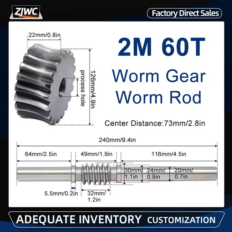 

1pcs 2 Modulus 60 Teeth Reducer Worm Gear Process Hole And 2M Worm Rod Transmission Ratio 1:60 45# Steel For CNC Parts