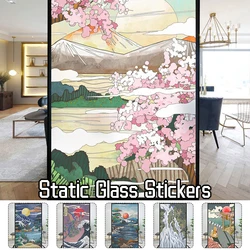 Japanese Style Privacy Window Film Static Cling Stained Ukiyo-e Cherry Blossom Glass Film Toilet Bathroom Window Stickers