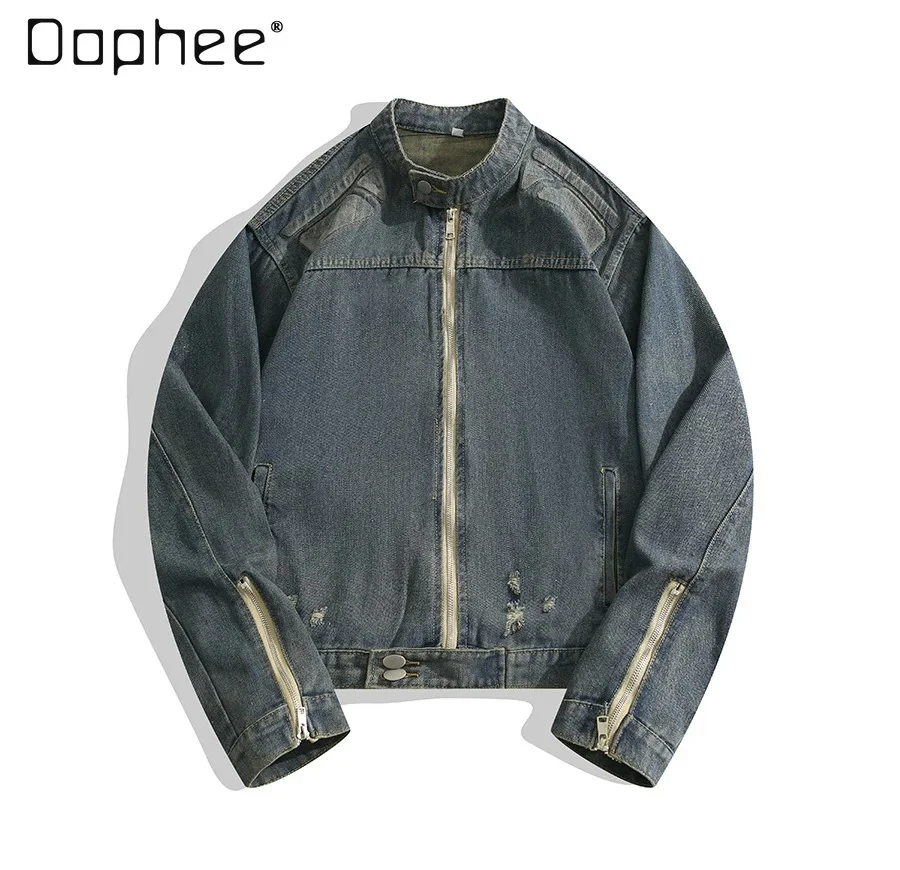 

Men's Spring Autumn New Retro Washed Loose Blue Denim Biker Jacket Stand Collar Zip Up Short Casual Streetwear Coat