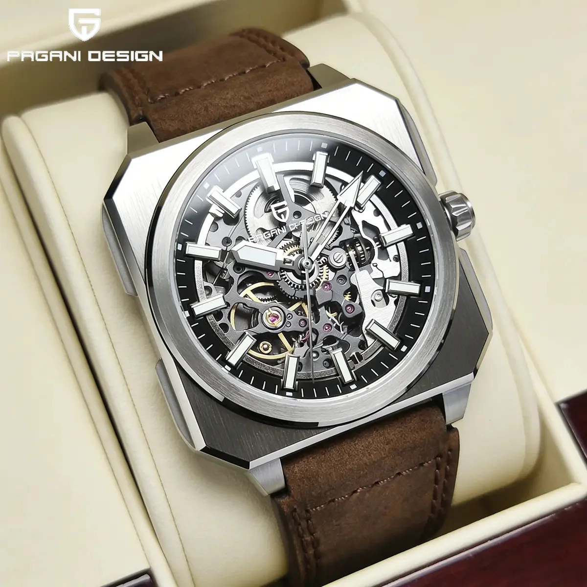 PAGANI DESIGN Men's Automatic Mechanical Watch 42MM Skeleton Sapphire Crystal 50M Waterproof Leather Strap Sports Wristwatch