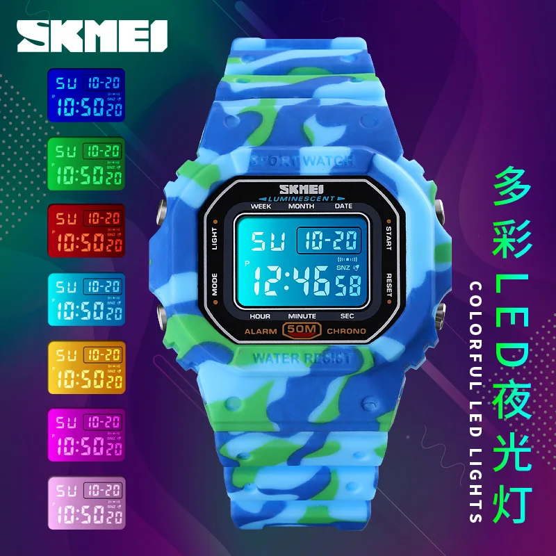 SKMEI Colorful Watches PU Transparent Shockproof Teenager Multi-functional sports waterproofing Wristwatches Digital reloj mujer