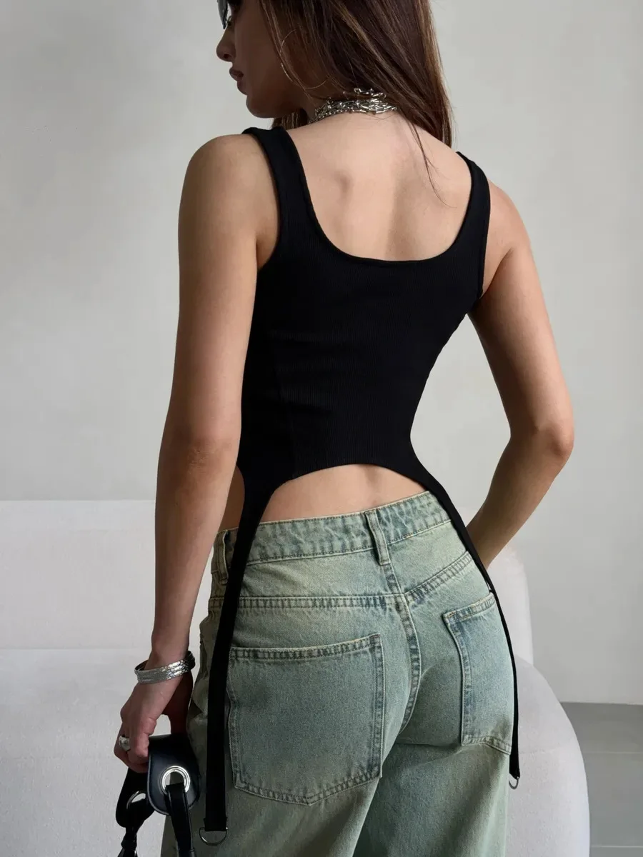 European American 2026 Summer Cross Shaped Ribbed Irregular Vest Women’s Street Sexy Personality Trendy Casual Top