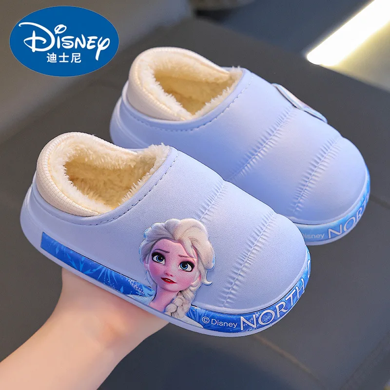 Disney Winter Children's Cotton Slippers Warm Waterproof Plush Girl Elsa Princess Frozen Anti Slip Cotton Shoes Size 24-36